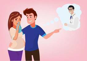 Husband takes care of wife who is sick with the flu during 6 months of pregnancy. Wife is worried about her unborn child. Flat style cartoon illustration vector