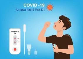 A young man uses a swab covid-19 antigen test kit to self-check for infection. Flat style cartoon illustration vector