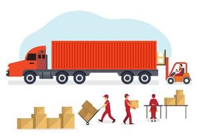 The employee is recording the delivery. with the delivery man dressed in red Cargo truck with cargo box freight forwarding service concept. Flat style cartoon illustration vector