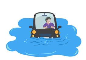 The car drowned in the puddle The driver had a worried look on his face. which is caused by flooding after rain. Flat style cartoon illustration vector