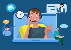 Individual characters talk to customer support. Women and men ask questions and get answers. Online Support Center Concept FAQ flat style cartoon vector illustration