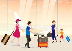 las personas con maletas salen y reservan un boleto de avión a través del aeropuerto. ilustración vectorial plana vector