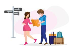 young couple with luggage man looking at map consulted the route with women on travel for family vacation travel vector illustration