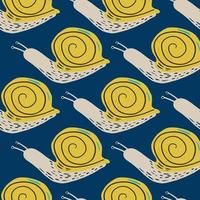 Yellow and light pink colored snails sillhouetes seamless pattern. Navy blue background. Wildlife fauna backdrop. vector