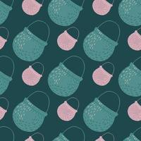 Witchcraft seamless pattern with blue and lilac colored pots elements. Navy blue background. vector