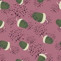 Random seamless pattern with doodle green chestnuts elements. Lilac background with splashes. vector