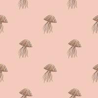 Pastel seamless doodle pattern with jellyfish silhouettes. Beige wild exotic ornament on soft pink background. Aqua print. vector