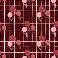 Seamless pattern with simple abstract dandelion elements in pink tones and maroon background with check. vector