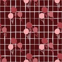 Seamless pattern with simple abstract dandelion elements in pink tones and maroon background with check. vector