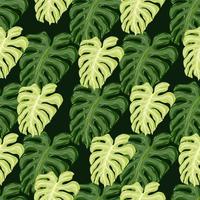 Contrast seamless pattern with green pastel palm monstera leaves print. Dark background. vector