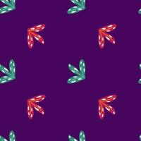 Seamless botanic pattern in minimalistic style with red and turquoise leaf shapes. Navy blue background. vector