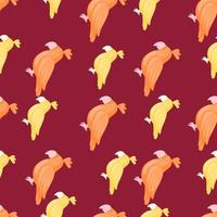 Tropic seamless pattern with orange and yellow parrots silhouttes. Maroon background. Hand drawn print. vector