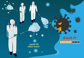 Concept of second wave coronavirus pandemic outbreak. Group of people in protective clothing perform cleaning, spraying and disinfection, corona virus, coronavirus vector illustration