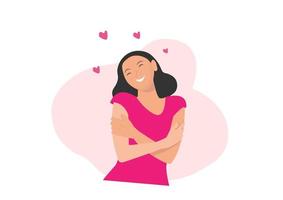 Love yourself. Take time for yourself. A woman hugging herself with a heart on a white background Lovely soft pastel pink shade. vector