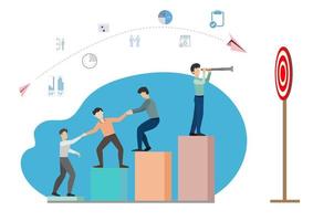 Employees shake hands and help a colleague walk upstairs. Our support team grows together. Teamwork vector illustration