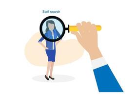 A man in a business suit looks through a magnifying glass at a woman, recruiting or searching for a specialist. Flat cartoon illustration. vector