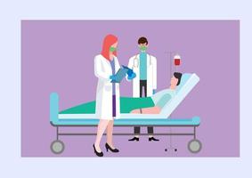 The man was ill, with a male doctor and a female doctor at the hospital interviewing the symptoms of the disease being treated. Vector illustration.