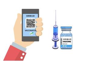 pantalla de teléfono inteligente con código qr, pasaporte electrónico de inmunidad con vacunación covid-19. vector de ilustración de dibujos animados de estilo plano