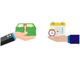 Managing your time and money Time is money or time has to be paid. Financial planning Scheduling and time management Vector illustration.