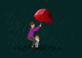 Father and daughter stand under an umbrella in the rain The concept of a storm in the rainy season. Flat style cartoon illustration vector