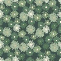 Chrysantthemum elements floral seamless pattern. Dark grey background with random located flowers in green tones. vector