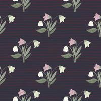 Simple seamless pattern with doodle village flowers silhouettes. Forest botanic stylized ornament on dark stripped background. vector