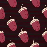 Decorative seamless pattern with pink simple acorn shapes. Dark striped background in maroon tones. vector