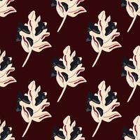 Light pink and navy blue branches and berries seamless pattern. Doodle floral elements on maroon background. vector