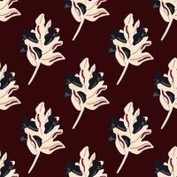 Light pink and navy blue branches and berries seamless pattern. Doodle floral elements on maroon background. vector