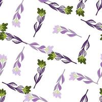 patrón botánico aislado sin fisuras con elementos de flores aleatorias de color púrpura y verde. Fondo blanco. vector