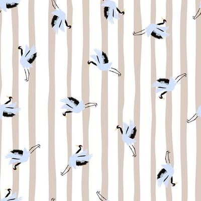 Random little blue crane bird shapes seamless pattern in hand drawn style.Striped lilac and white background.