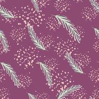 Abstract random seamless pattern with doodle feather elements. Purple background with splashes. vector