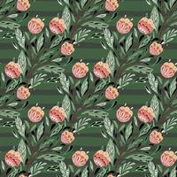 Abstract botanic nature seamless pattern with pink folk bouquet ornament. Green background with strips. vector