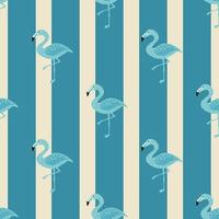 Animal seamless doodle pattern with hand drawn blue flamingo silhouettes. Striped background. vector