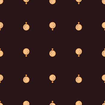 patrón oscuro sin costuras con pequeñas siluetas de temporizador naranja impresas. fondo marrón adorno de tecnología. vector