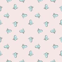 Blue tulip buds geometric seamless pattern in hand drawn style. Pastel pink background. Doodle print. vector