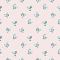 Blue tulip buds geometric seamless pattern in hand drawn style. Pastel pink background. Doodle print. vector