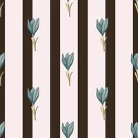 Decorative botanic seamless pattern with blue crocus flowers on striped beige and brown background. vector