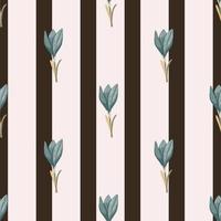 Decorative botanic seamless pattern with blue crocus flowers on striped beige and brown background. vector