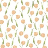 Isolated seamless pattern with random little orange tulip flowers shapes. White background. Summer season. vector