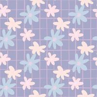 patrón de garabato sin costuras de flores de manzanilla. adorno de margarita en tonos rosas y azules sobre fondo a cuadros azul pastel. vector