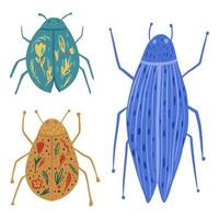 Set different beetles on white background. Abstract insects long, short, with tracery blue, yellow and turquoise in doodle. vector