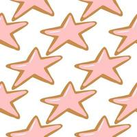 Isolated seamless pattern with new year star shapes cookies. Christmas tasty dessert with pink glaze on white background. vector
