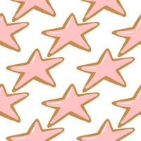 Isolated seamless pattern with new year star shapes cookies. Christmas tasty dessert with pink glaze on white background. vector