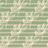 Hand drawn seamless pattern with white flowers. Beige background with green lines. vector