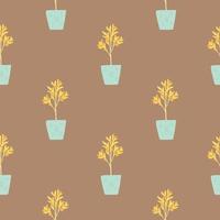 Minimalistic seamless plant pattern. Interior orange houseplant in blue pots on brown background. vector
