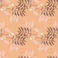 Pastel autumn forest bouquet seamless pattern. Branches with leaves in brown and pink soft tones on orange background. vector