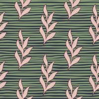 Seamless decorative pattern with botanic pink outline branches. Green striped dark background. vector