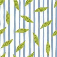 Random green leaves seamless pattern in hand drawn style. White and blue striped background. vector