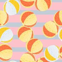 Scrapbook summer seamless pattern with random orange beach ball shapes. Striped pink and blue background. vector